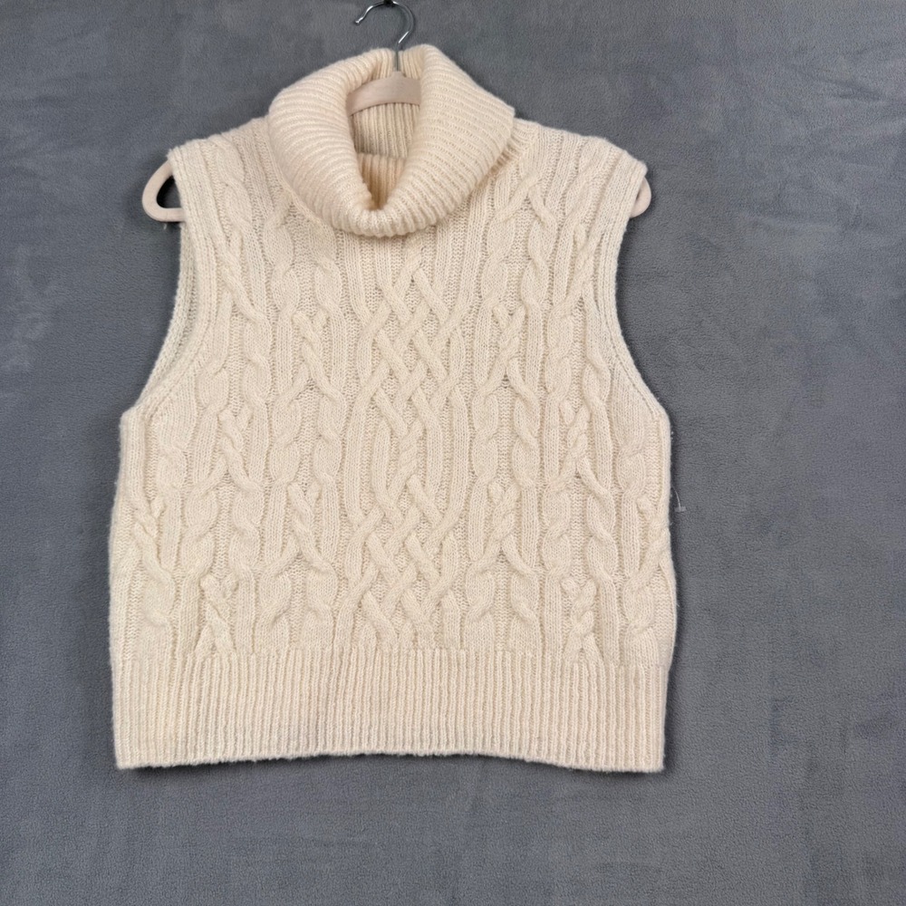Vince 100% Wool Cable Knit Turtleneck Sweater Vest Cream White womens Medium‎